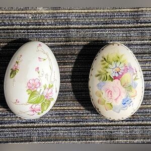 Two Lefton Bone China Hand Painted Rose Egg Shaped Trinket Boxes